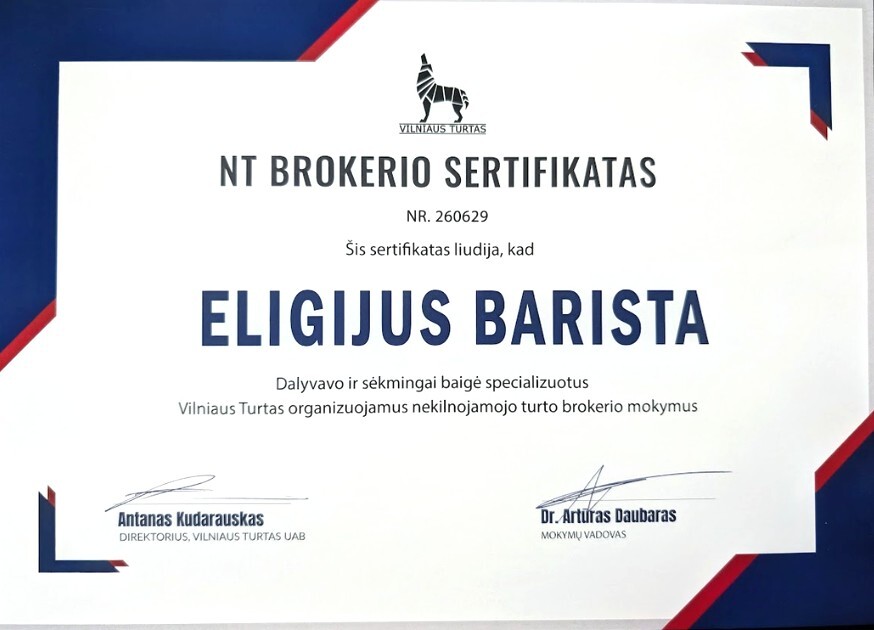 Eligijaus Baristos NT brokerio sertifikatas
